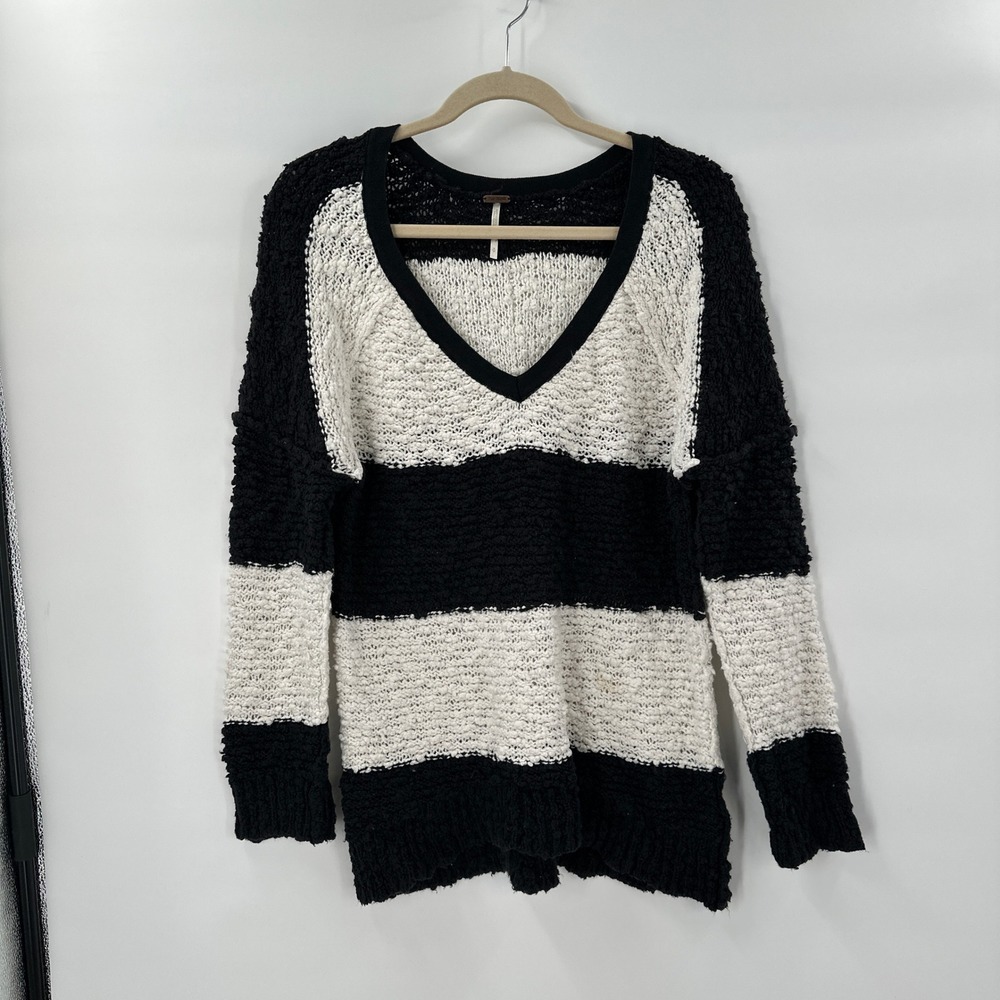 Free People Sweater Woman Small Striped Knit‎ V Neck Long Sleeve Chunky Cozy*